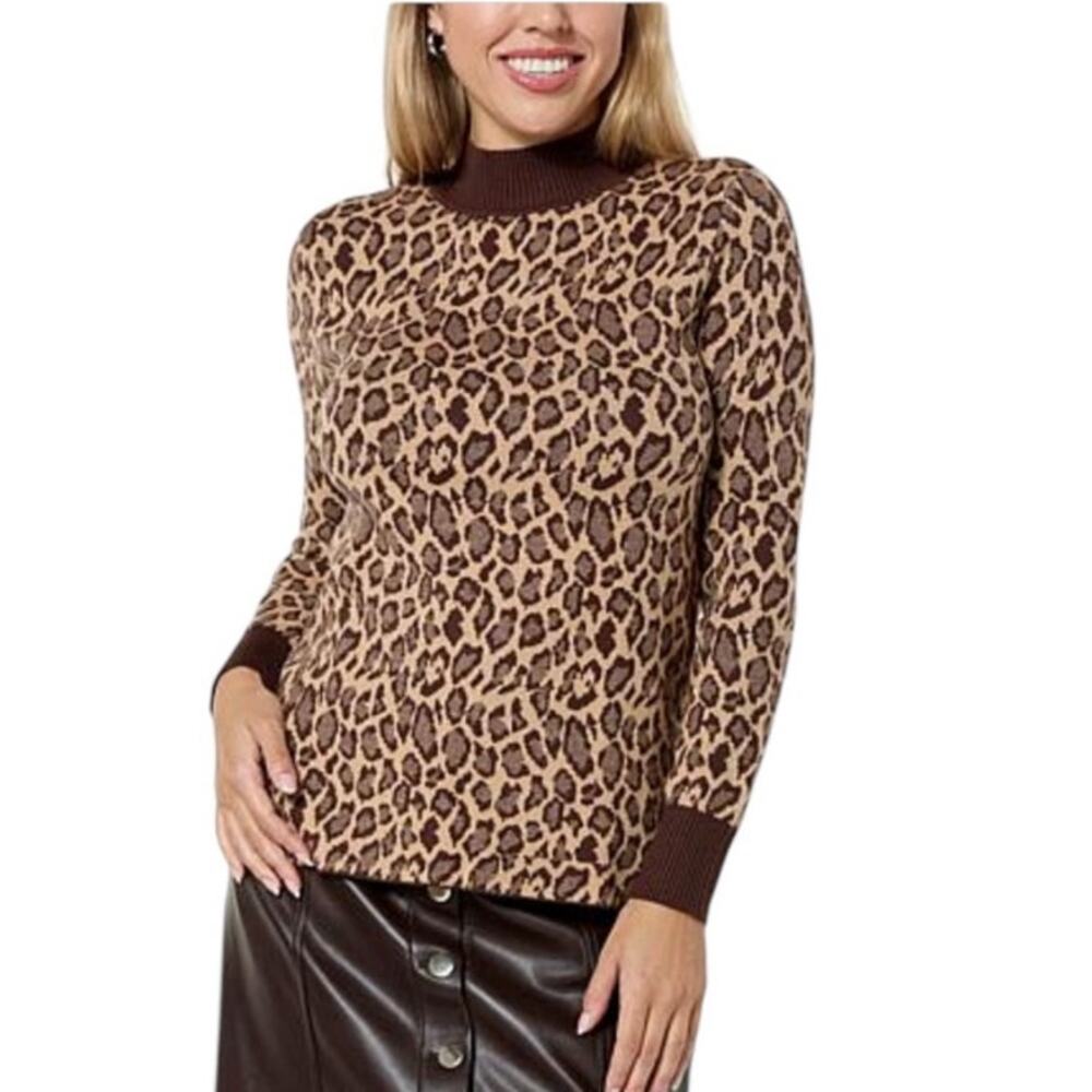 Kathy Ireland Womens 2X Leopard Animal Print Mock-Neck Jacquard Sweater NEW Mob